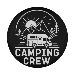 Line art camper and mountain scene camping crew tire cover graphic