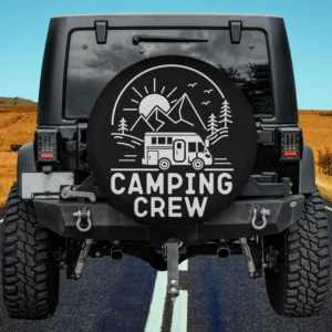 Camper and mountain scene camping crew spare tire cover with no camera hole