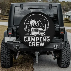 Camper and mountain scene camping crew spare tire cover with camera hole