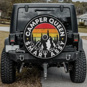Retro sunset mountain camper queen camping spare tire cover with backup camera hole