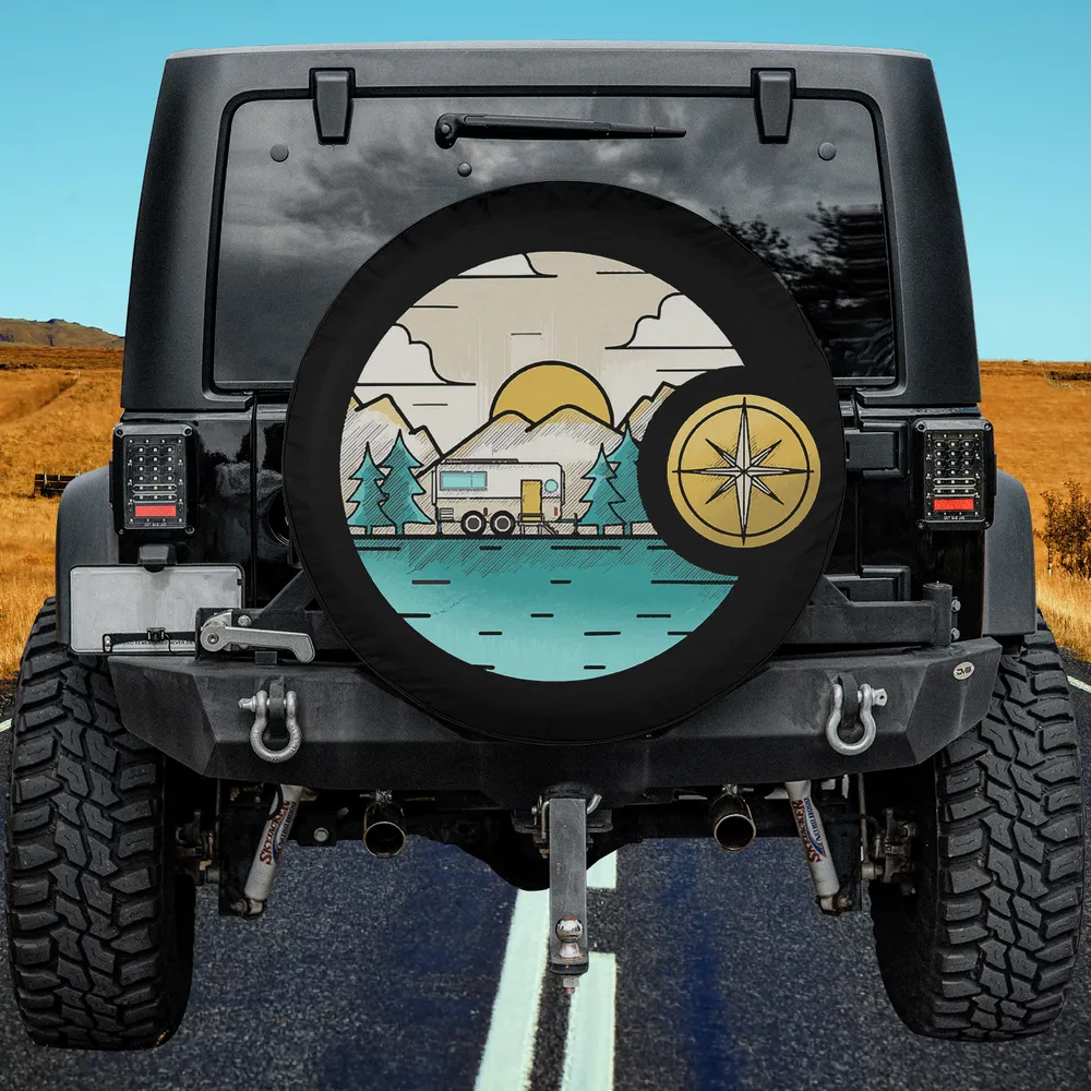 Camper trailer mountain compass camping spare tire cover with no camera hole