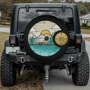 Camper trailer mountain compass camping spare tire cover with backup camera hole