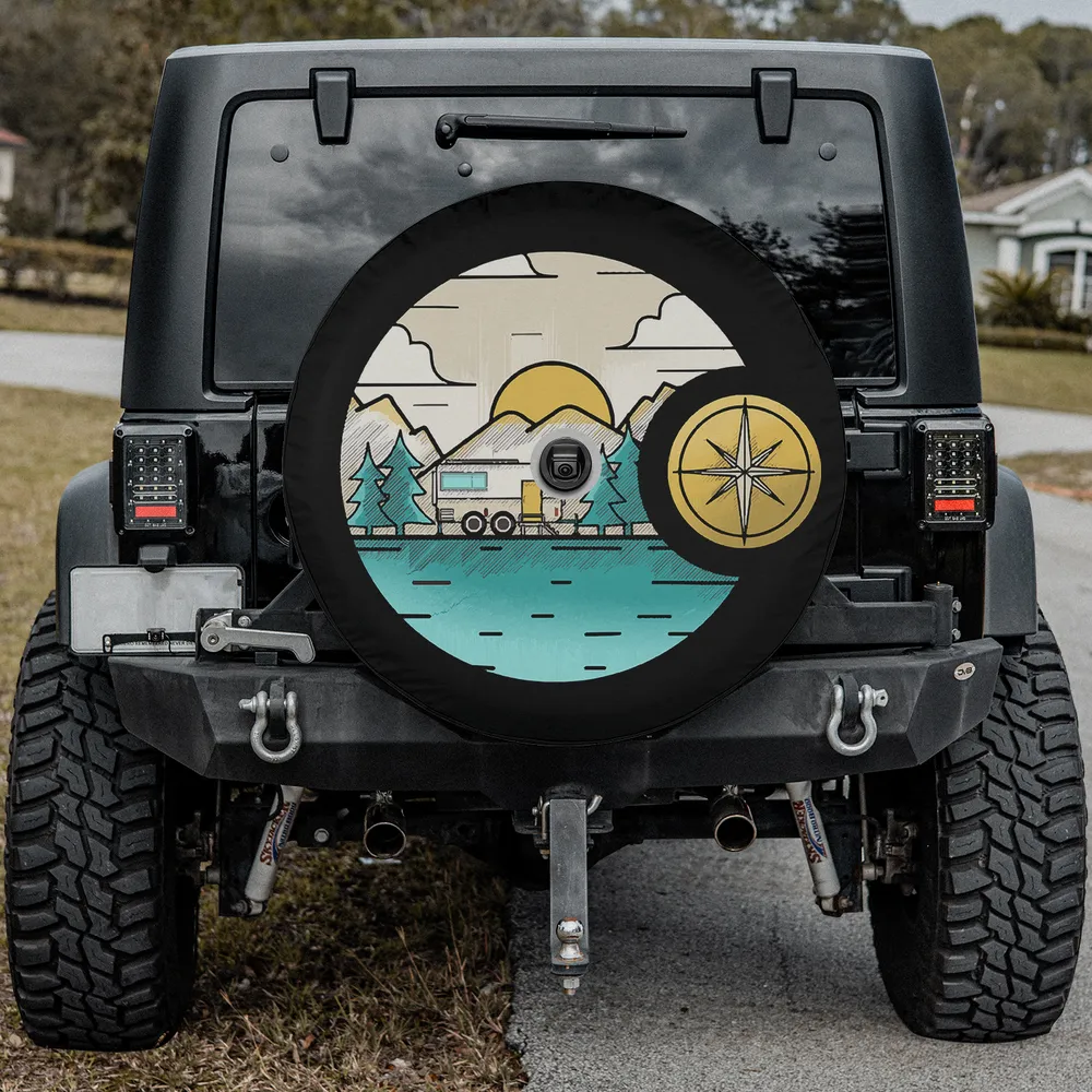 Camper trailer mountain compass camping spare tire cover with backup camera hole
