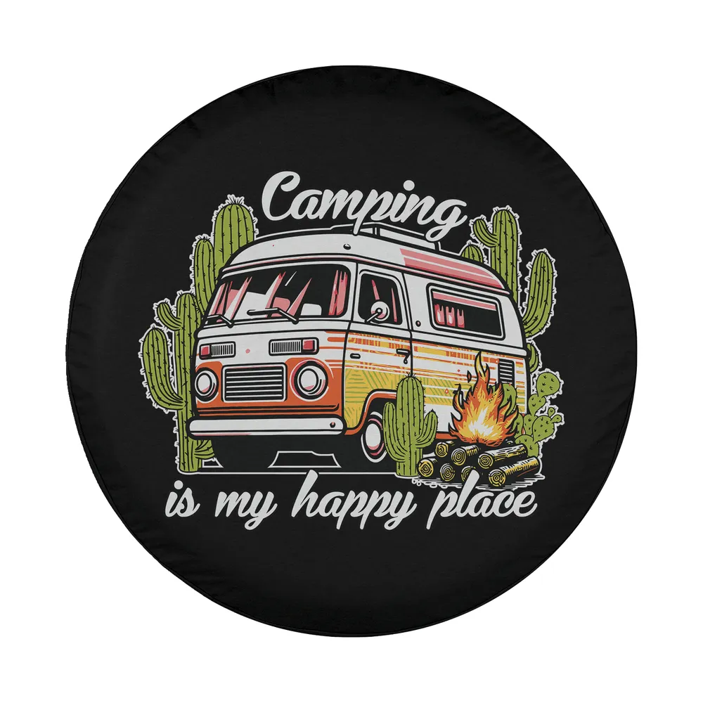 Camping is my happy place camper van cactus campfire design on spare tire cover