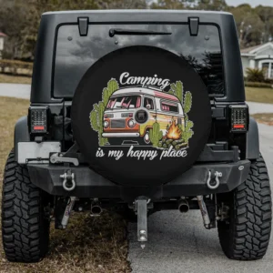 Spare tire cover with camper van, cactus, campfire, and camera hole for Jeep or SUV