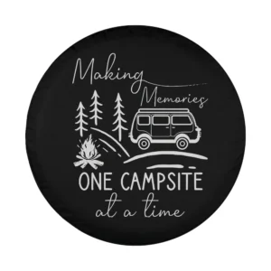 Line art camper van campfire pine trees camping spare tire cover design