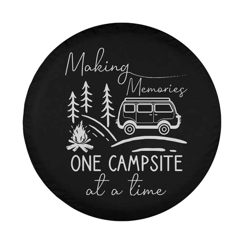 Line art camper van campfire pine trees camping spare tire cover design