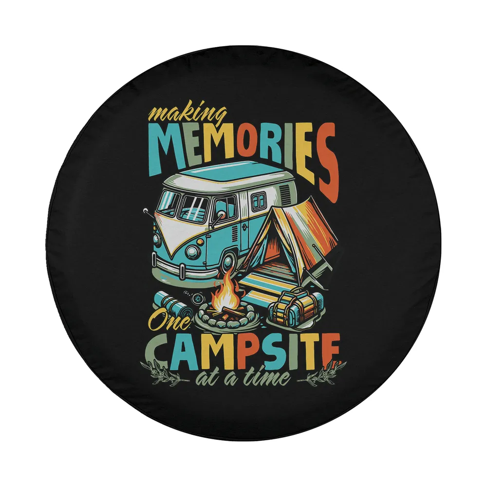 Camper van campfire tent campsite illustration for spare tire cover