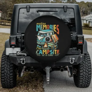 Spare tire cover with camper van campfire tent campsite design and camera hole