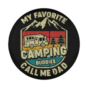 Camper van mountain retro camping buddies design for spare tire cover closeup