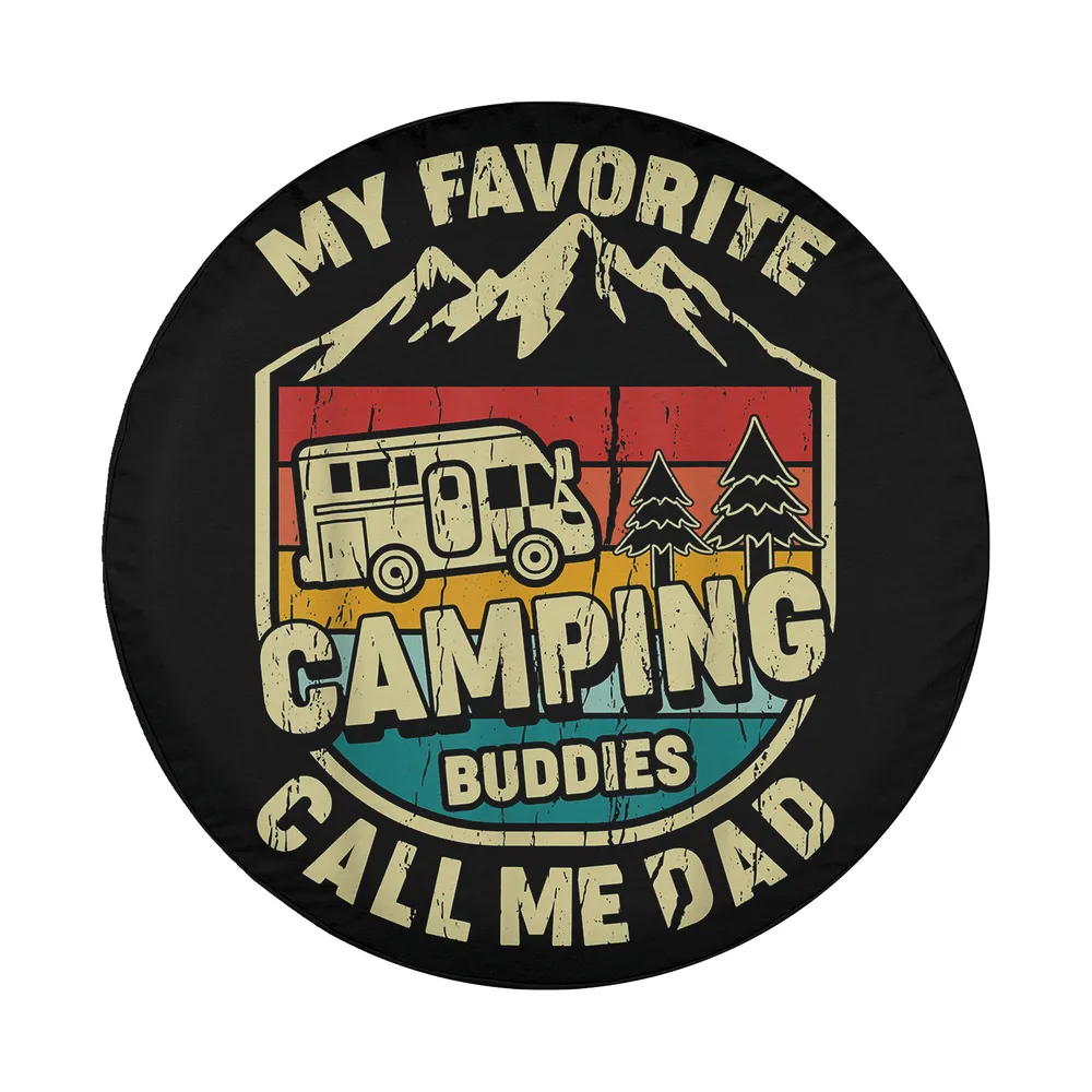 Camper van mountain retro camping buddies design for spare tire cover closeup