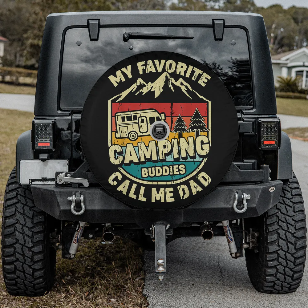 Camper van mountain retro camping buddies spare tire cover with backup camera hole for Jeep