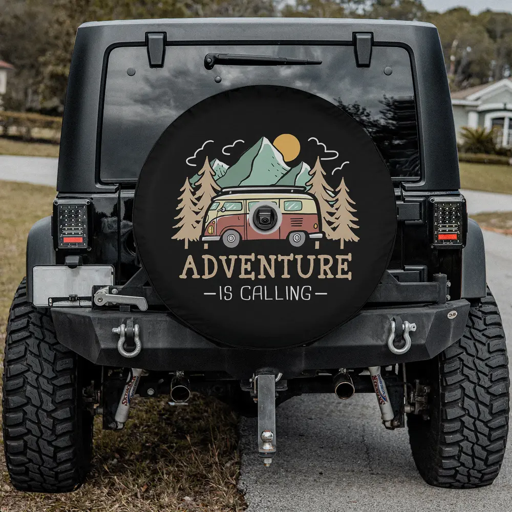 camper van mountains pine trees adventure spare tire cover with camera hole