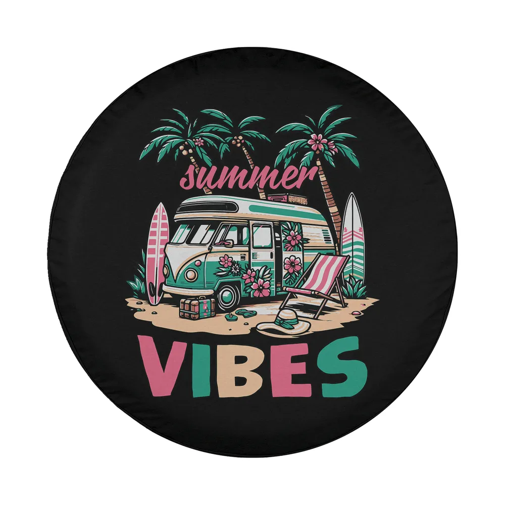 Design of camper van palm trees beach summer vibes spare tire cover