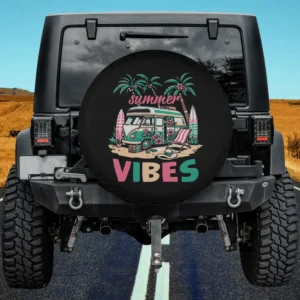 Camper van palm trees beach summer vibes spare tire cover with no camera hole