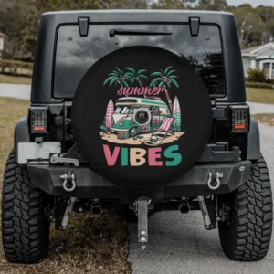 Camper van palm trees beach summer vibes spare tire cover with camera hole