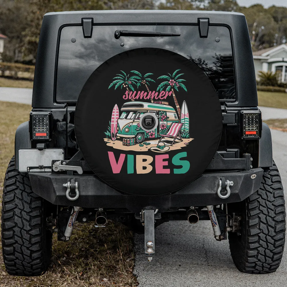 Camper van palm trees beach summer vibes spare tire cover with camera hole