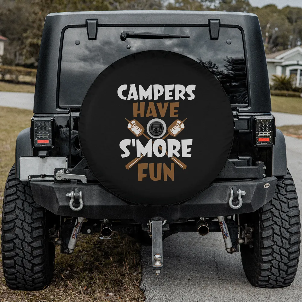 Campers Have S'more Fun camping spare tire cover with marshmallow sticks, with camera hole
