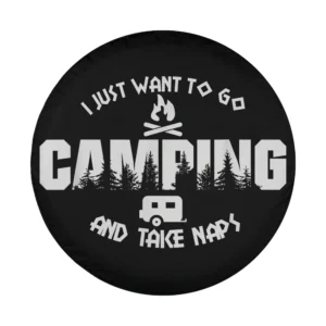 Design with campfire, camper trailer, camping naps text and forest silhouette
