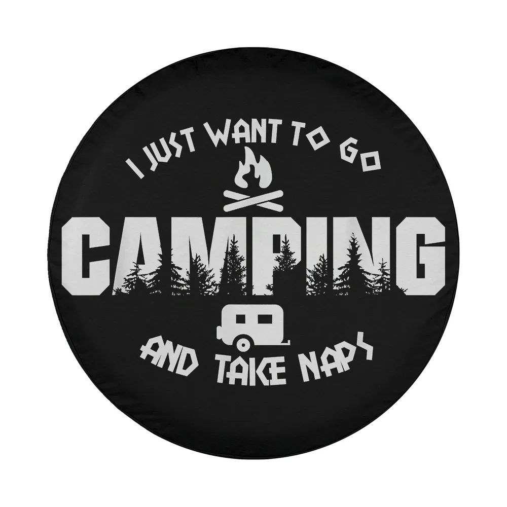 Design with campfire, camper trailer, camping naps text and forest silhouette