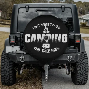 Camping naps spare tire cover with campfire and camper trailer, fits backup camera
