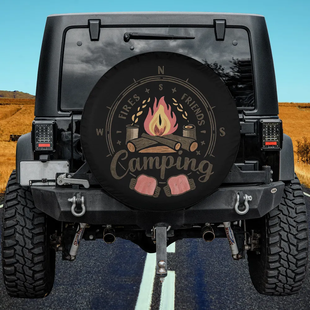 campfire compass marshmallows camping friends spare tire cover no camera hole