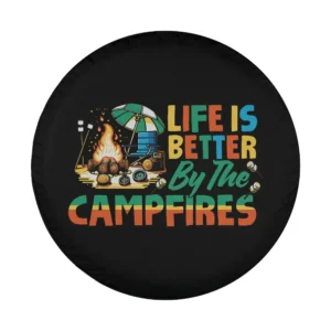 Design with campfire folding chair and marshmallows for camping tire cover