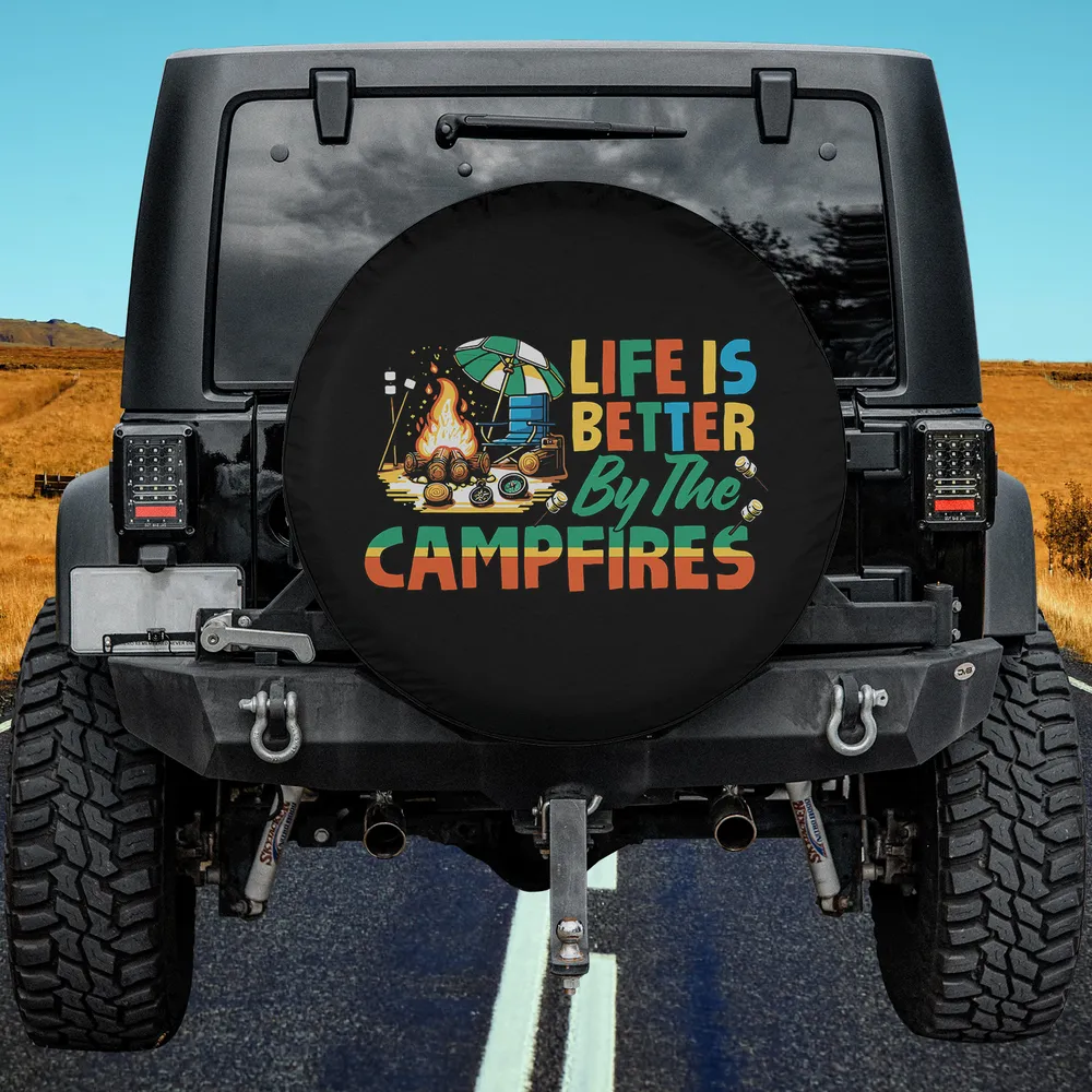 Campfire folding chair marshmallows camping spare tire cover on Jeep outdoors