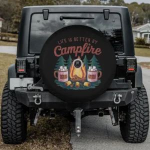 campfire marshmallow mugs pine trees spare tire cover with camera hole