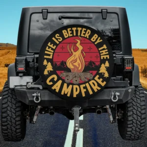 campfire mountain sunset camping spare tire cover with Life is Better by the Campfire design, no camera hole