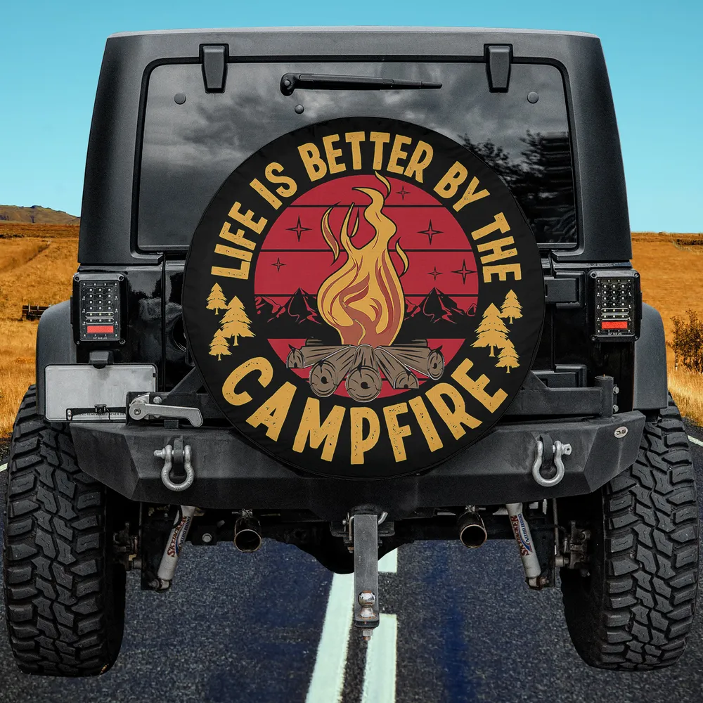 campfire mountain sunset camping spare tire cover with Life is Better by the Campfire design, no camera hole