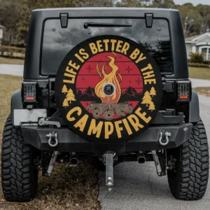 campfire mountain sunset camping spare tire cover with Life is Better by the Campfire design, with camera hole
