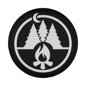 Graphic of campfire, pine trees, and moon for camping spare tire cover