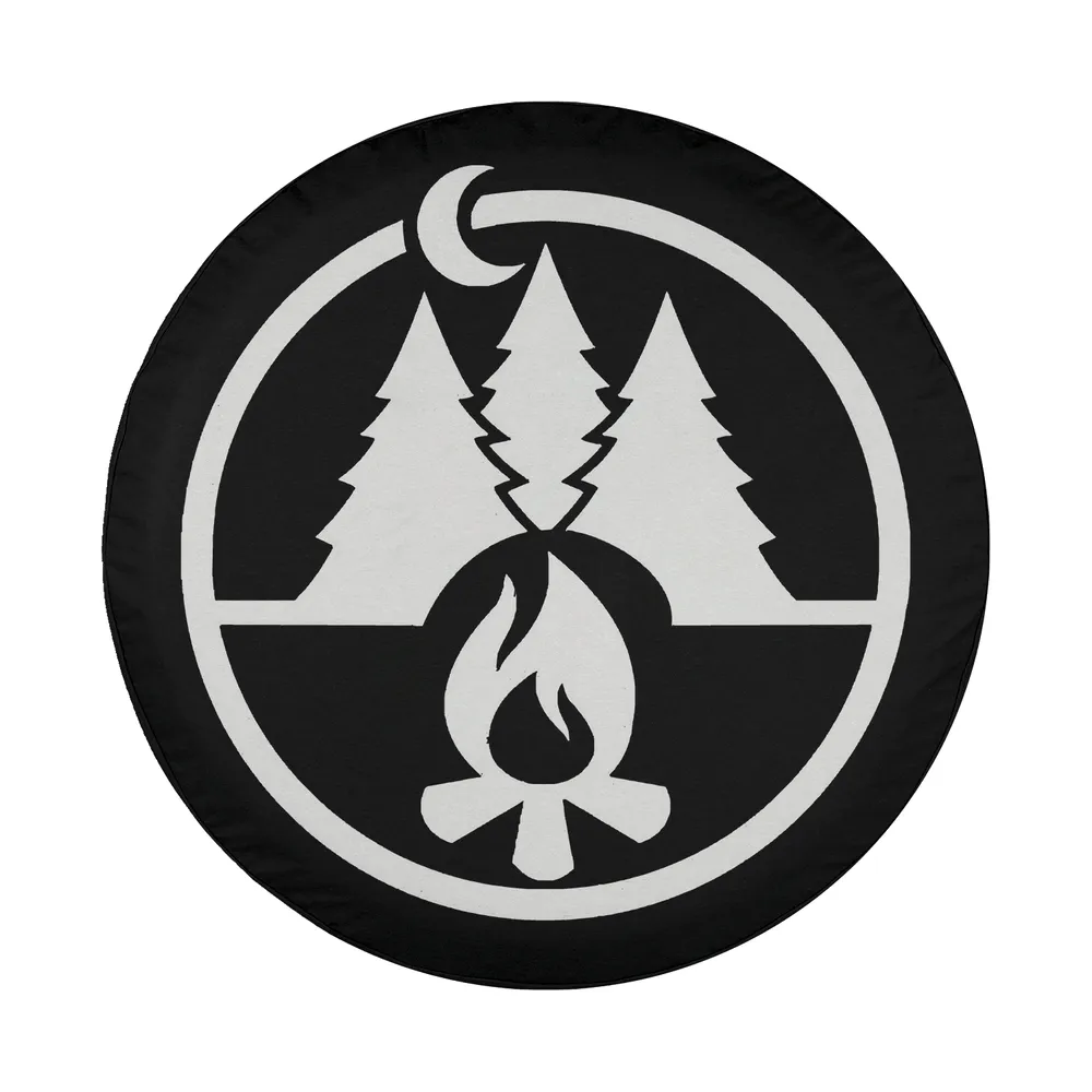Graphic of campfire, pine trees, and moon for camping spare tire cover