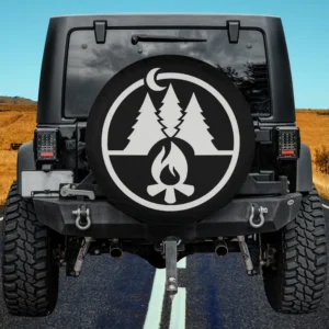 Monochrome campfire pine trees moon camping spare tire cover for Jeep, RV, SUV