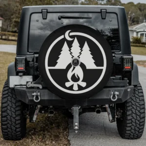 Spare tire cover with campfire, pine trees, moon, fits backup camera Jeep RV SUV