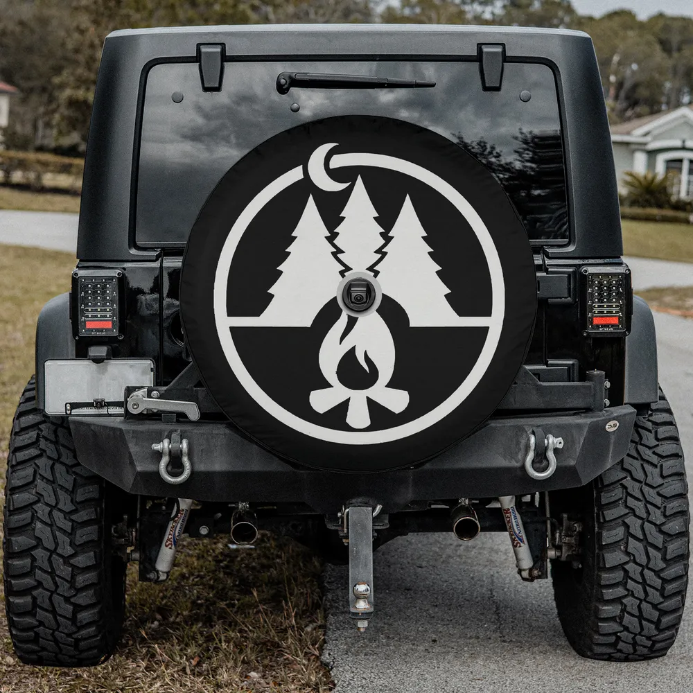 Spare tire cover with campfire, pine trees, moon, fits backup camera Jeep RV SUV