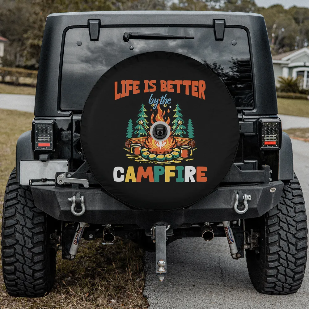 campfire pine trees mugs camping spare tire cover with camera hole