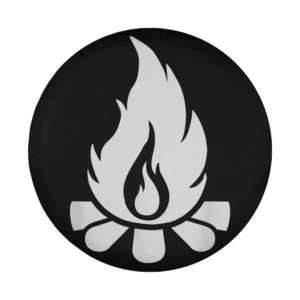 Bold white flame and logs campfire graphic for camping spare tire cover