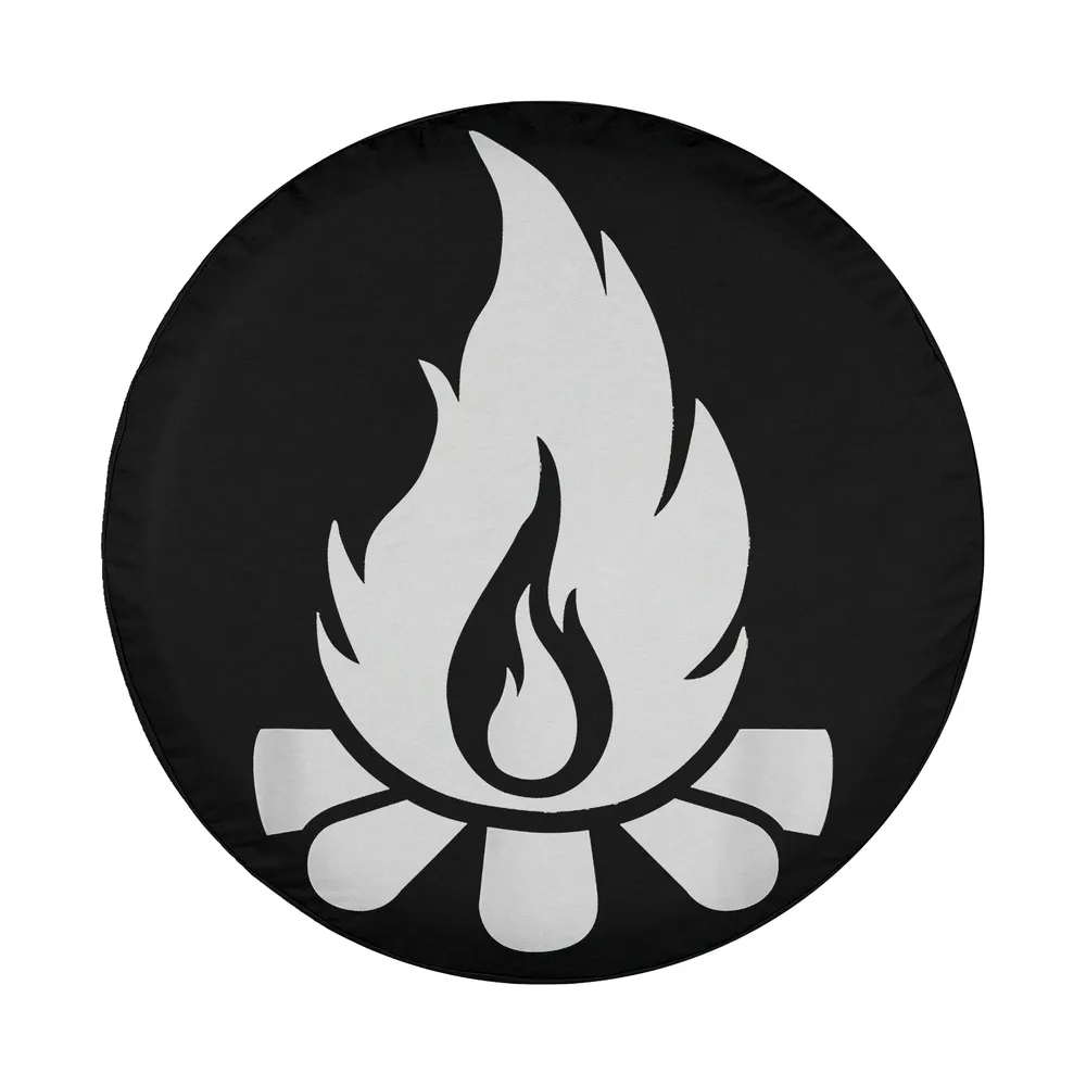 Bold white flame and logs campfire graphic for camping spare tire cover