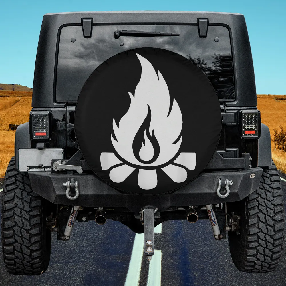 White flame campfire logs camping spare tire cover with no camera hole on Jeep