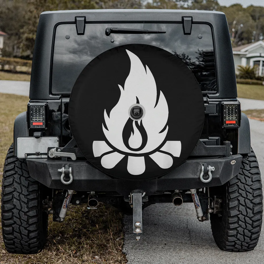 White flame campfire logs camping spare tire cover with camera hole for RV or SUV