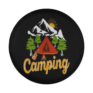 Camping adventure design with red tent, pine trees, mountains, and sunrise