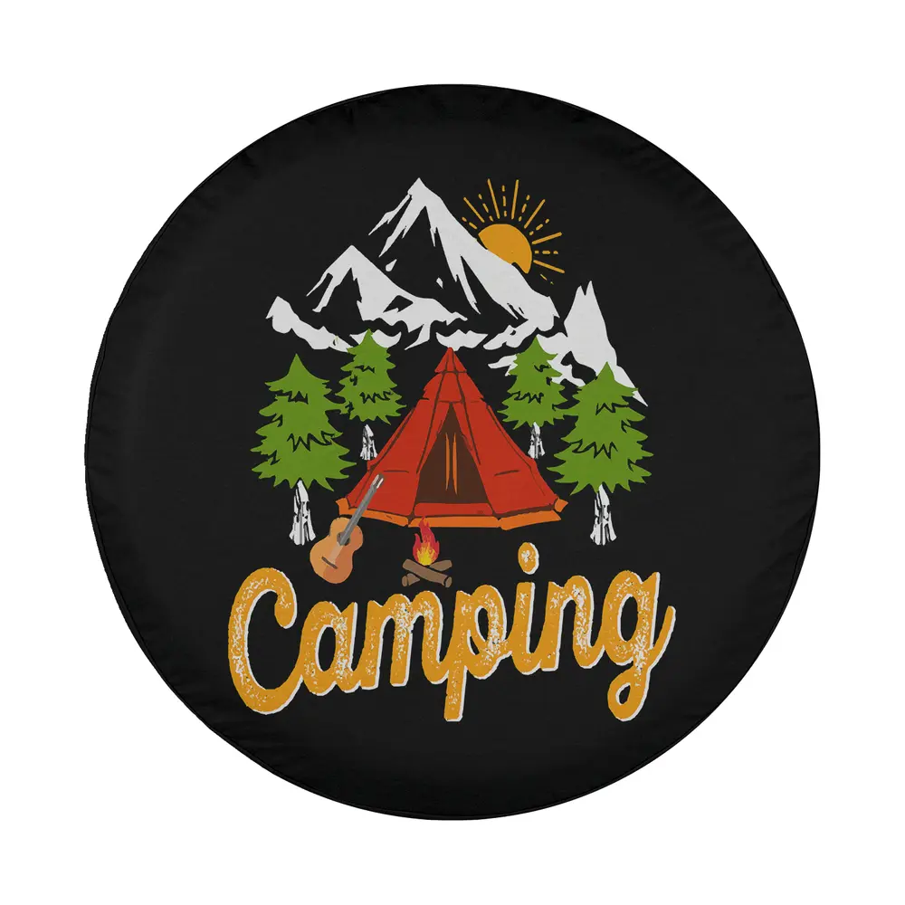 Camping adventure design with red tent, pine trees, mountains, and sunrise
