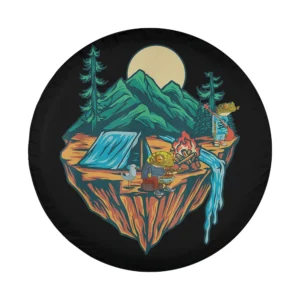Camping adventure spare tire cover design with tent, campfire, mountain, moon