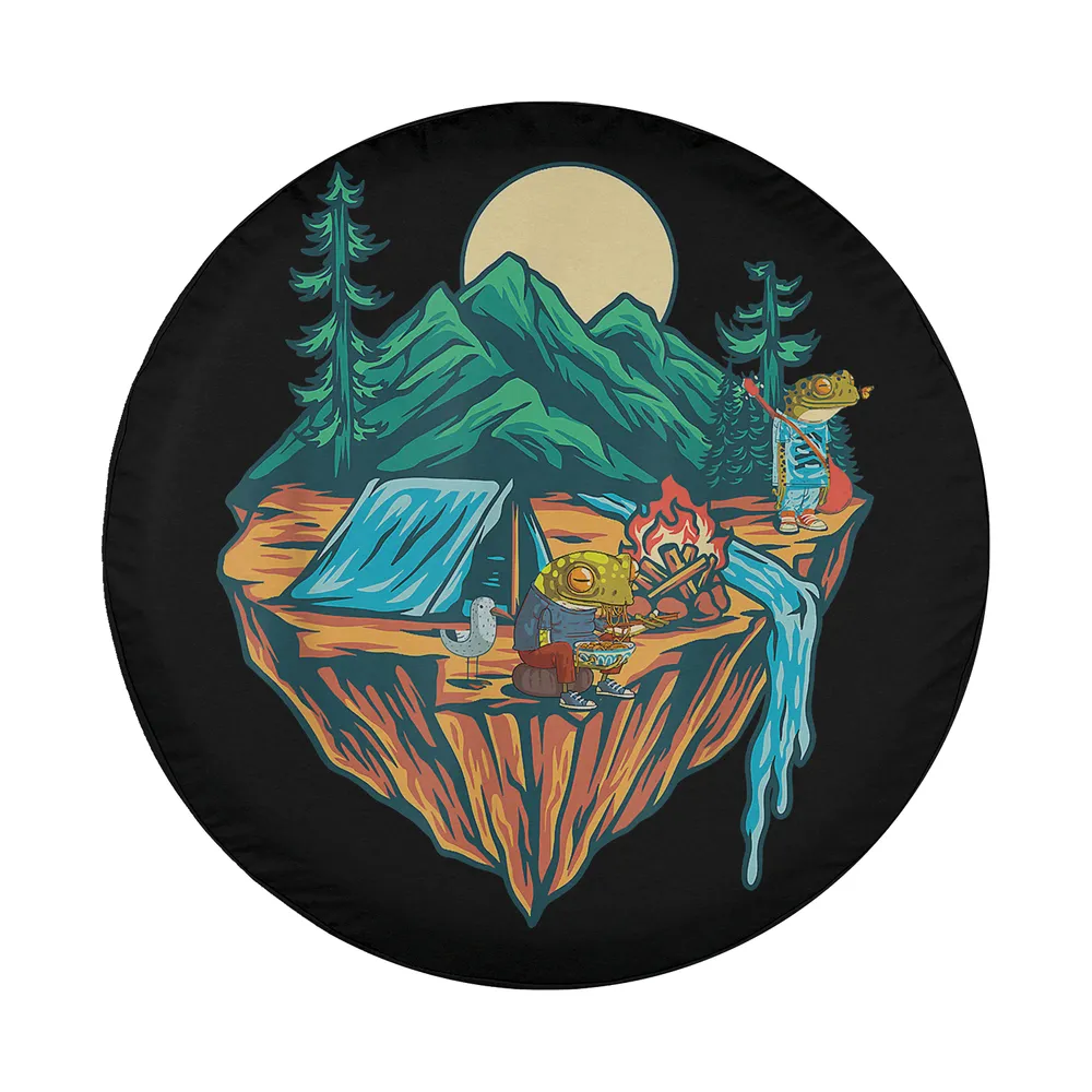 Camping adventure spare tire cover design with tent, campfire, mountain, moon