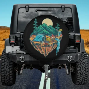 Tent Campfire Mountain Moon Camping Adventure Spare Tire Cover No Camera Hole