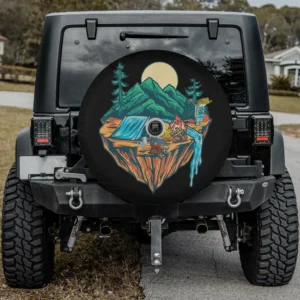 Camping adventure spare tire cover with tent, campfire, mountain, moon, with camera hole