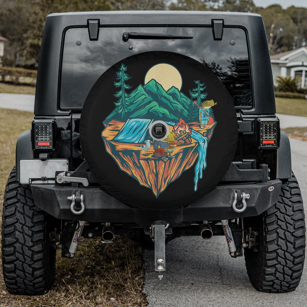 Camping adventure spare tire cover with tent, campfire, mountain, moon, with camera hole