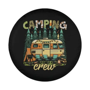 Camping Crew camper and forest scene illustrated design for spare tire cover